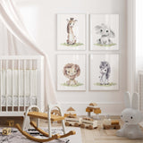 Watercolor safari animals print for gender neutral nursery decor, toddler room decor, boys room decor, girls room decor, animals : elephant, giraffe, lion, zebra.