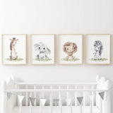 Watercolor safari animals poster for gender neutral nursery decor, toddler room decor, boys room decor, girls room decor, animals : elephant, giraffe, lion, zebra.