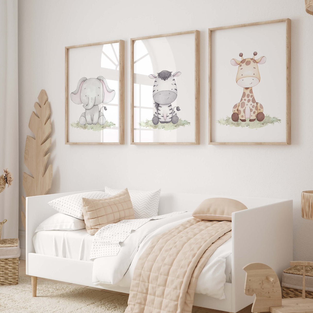 Set of 3 watercolor safari animals with soft pastel earth colors 
printable for gender neutral nursery decor, baby boys room decor, girls room decor, animals: giraffe, elephant, zebra.