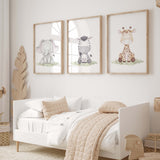 Set of 3 watercolor safari animals with soft pastel earth colors 
printable for gender neutral nursery decor, baby boys room decor, girls room decor, animals: giraffe, elephant, zebra.