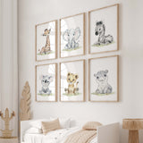 Watercolor safari animals with elephant, giraffe, zebra, lion, hippo, koala print for gender neutral nursery decor and ideas, boho nursery decor.