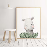 Watercolor hippo print with leaves print for neutral nursery decor.