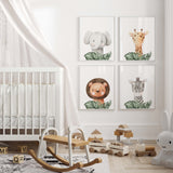 Watercolor safari animal with elephant, giraffe, lion, zebra print with leaves  for neutral nursery decor.