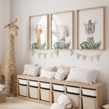 Set of 3 watercolor safari animal with elephant, giraffe, zebra printable with leaves  for neutral nursery decor.