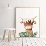 Watercolor bull with leaves  print for neutral nursery decor.