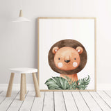 Watercolor lion with leaves  print for neutral nursery ideas.