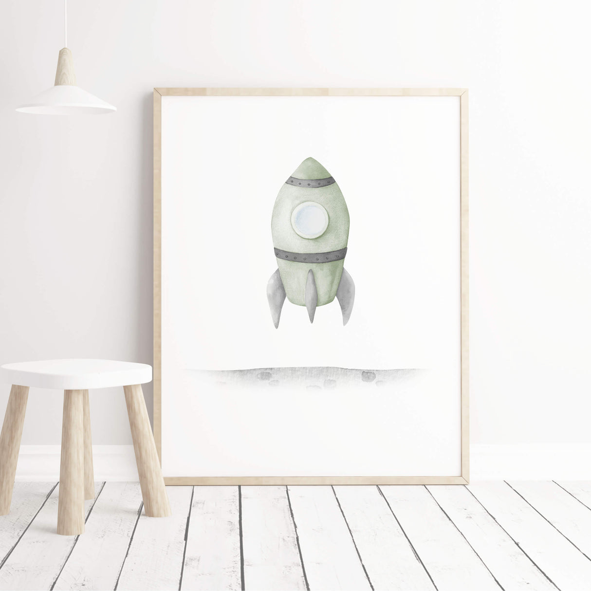 Sage green spaceship print for neutral nursery decor.