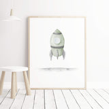 Sage green spaceship print for neutral nursery decor.