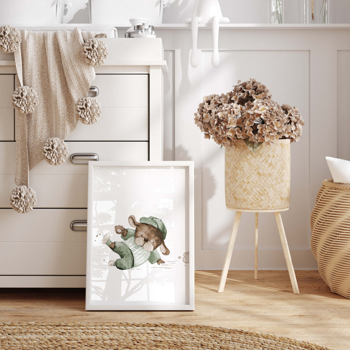 Watercolor baseball animal printable with dog in sage green, brown, beige colors for gender neutral nursery decor, baby boys room decor, toddler room decor.