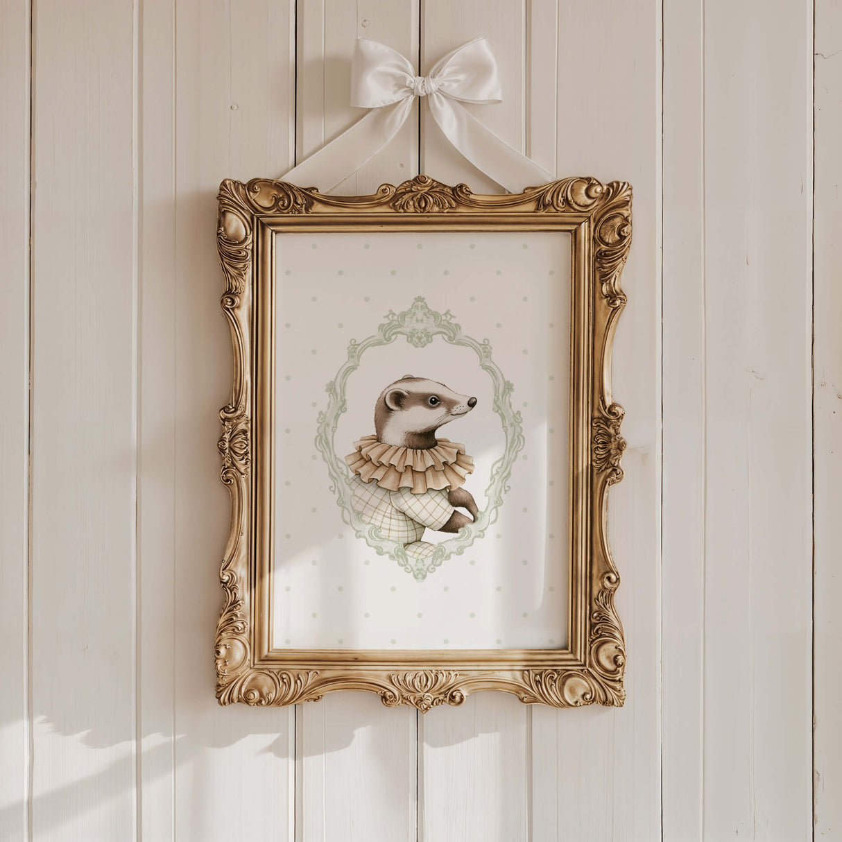 Watercolor sage green vintage badger with sage green polka dots background orint for gender neutral nursery decor, victorian nursery decor, beige white nursery decor, rococo nursery decor, luxury nursery decor, baroque nursery decor.