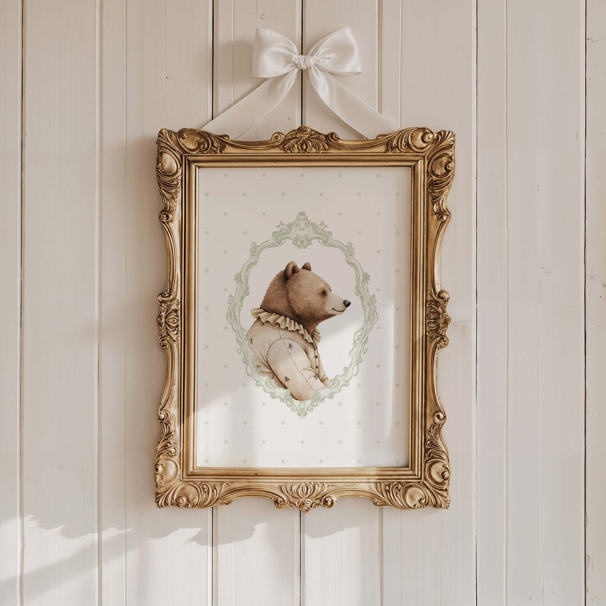 Watercolor sage green vintage bear with sage green polka dots background orint for gender neutral nursery decor, victorian nursery decor, beige white nursery decor, rococo nursery decor, luxury nursery decor, baroque nursery decor.