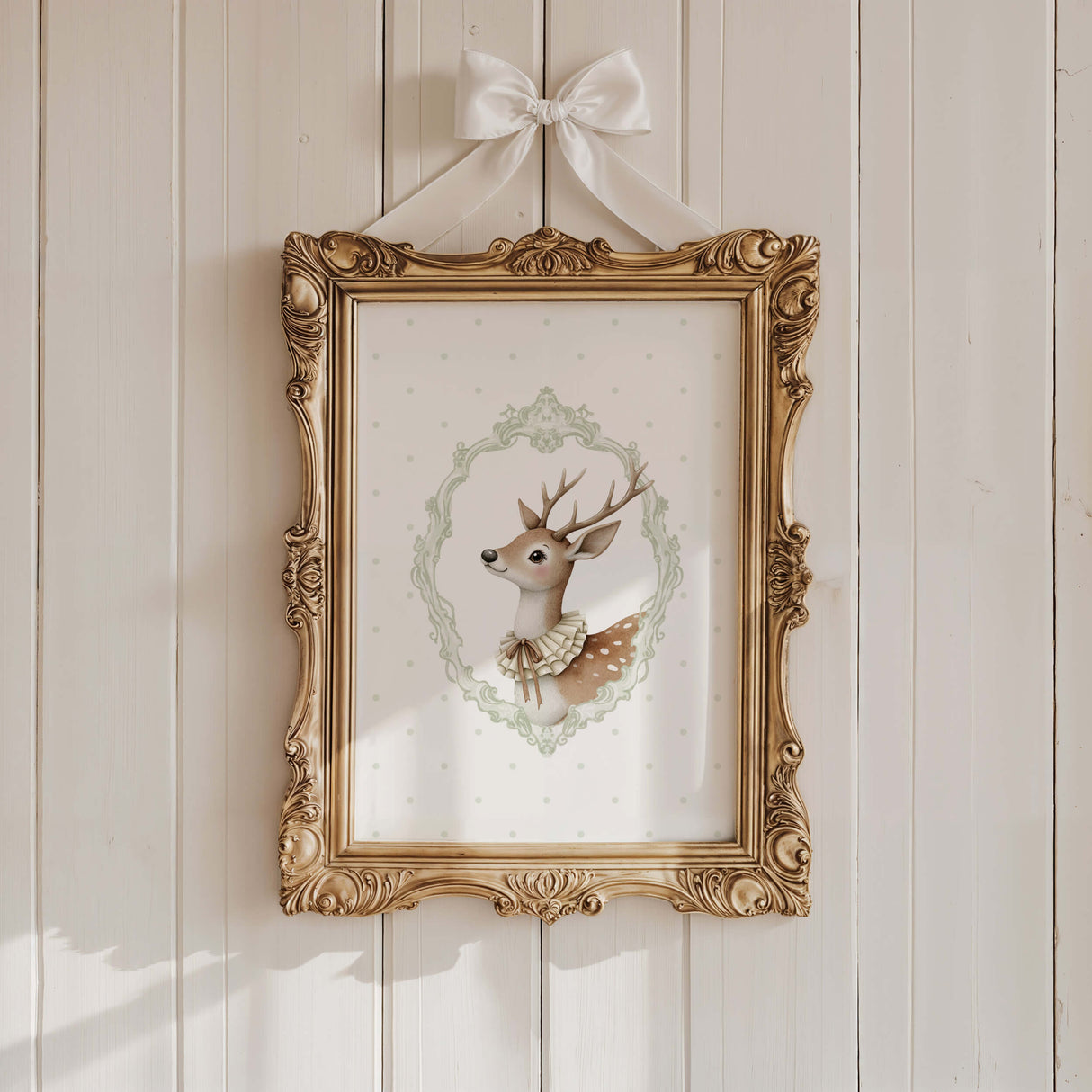 Watercolor sage green vintage deer with sage green polka dots background poster for gender neutral nursery decor, victorian nursery decor, beige white nursery decor, rococo nursery decor, luxury nursery decor, baroque nursery decor.