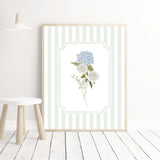 Sage green striped floral printable set of 3 with blue hydrangea bouquets

