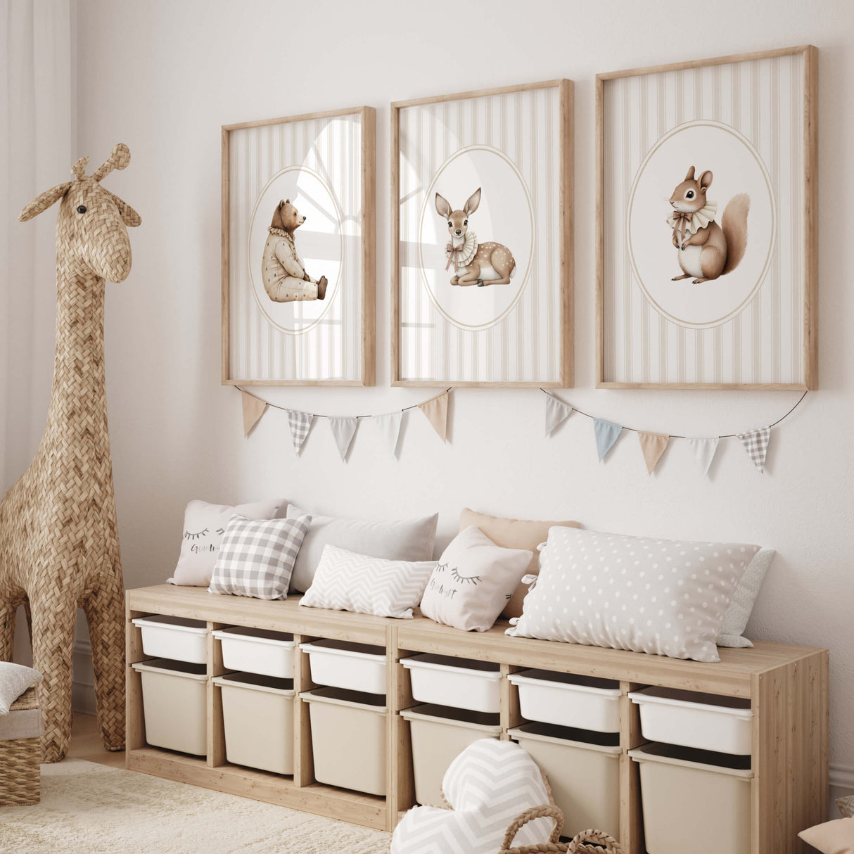 Watercolor beige vintage forest animal on beige striped background print for gender neutral nursery decor, striped nursery decor, beige white nursery decor, rococo nursery decor, luxury nursery decor, cottagecore nursery decor, baroque nursery decor, includes animals: deer, bear, squirrel, badger.