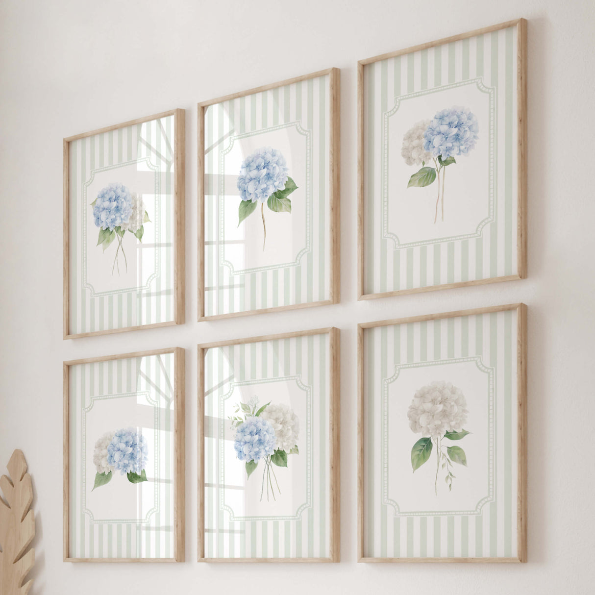 Sage green striped hydrangea wall art set of 6 digital watercolor printables

