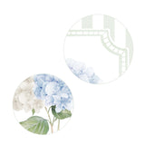 Elegant watercolor hydrangea botanical illustrations in soft green stripe frames

