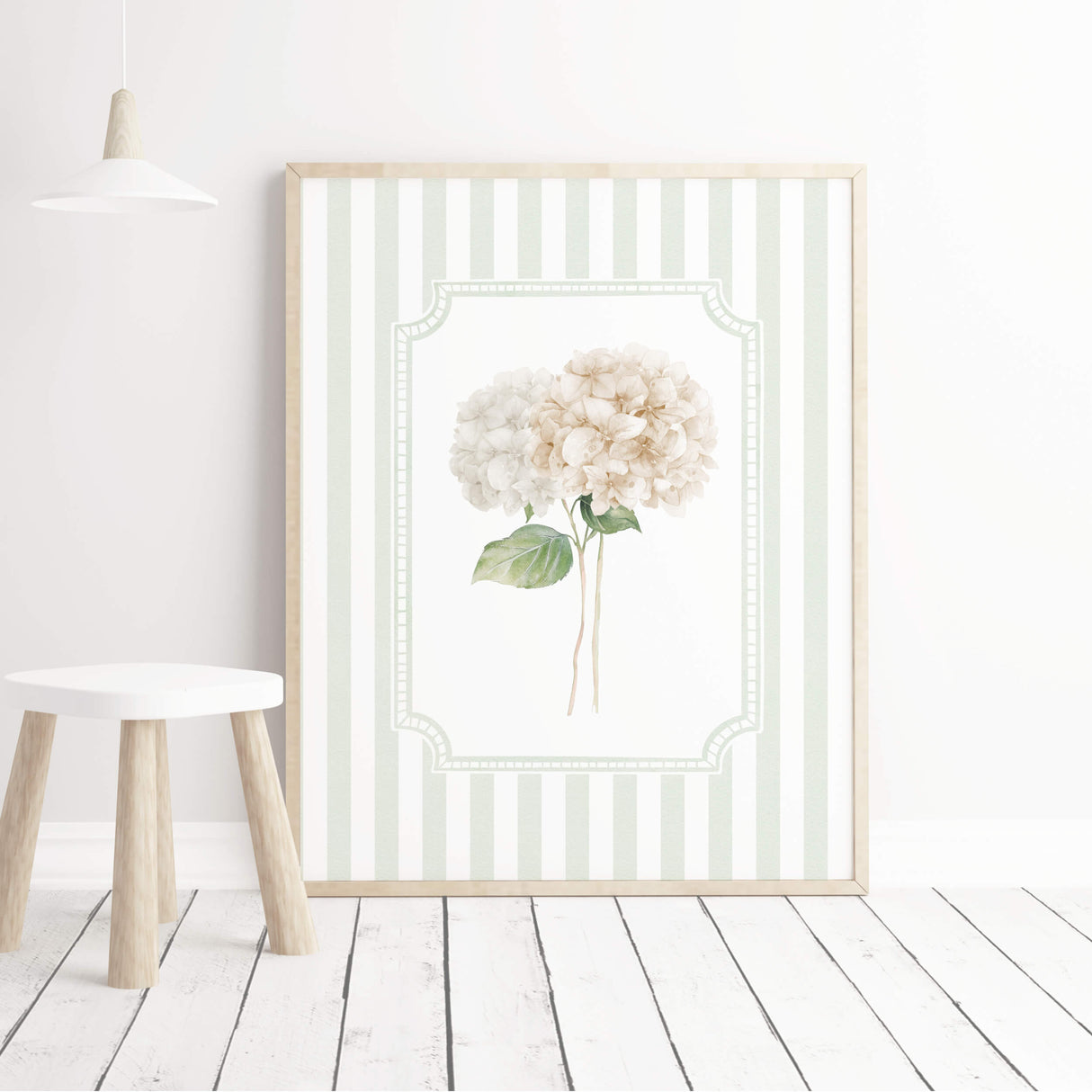 Sage green striped beige hydrangea wall art printable flower set of 6 digital botanical posters.
