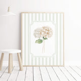 Sage green striped beige hydrangea wall art printable flower set of 6 digital botanical posters.