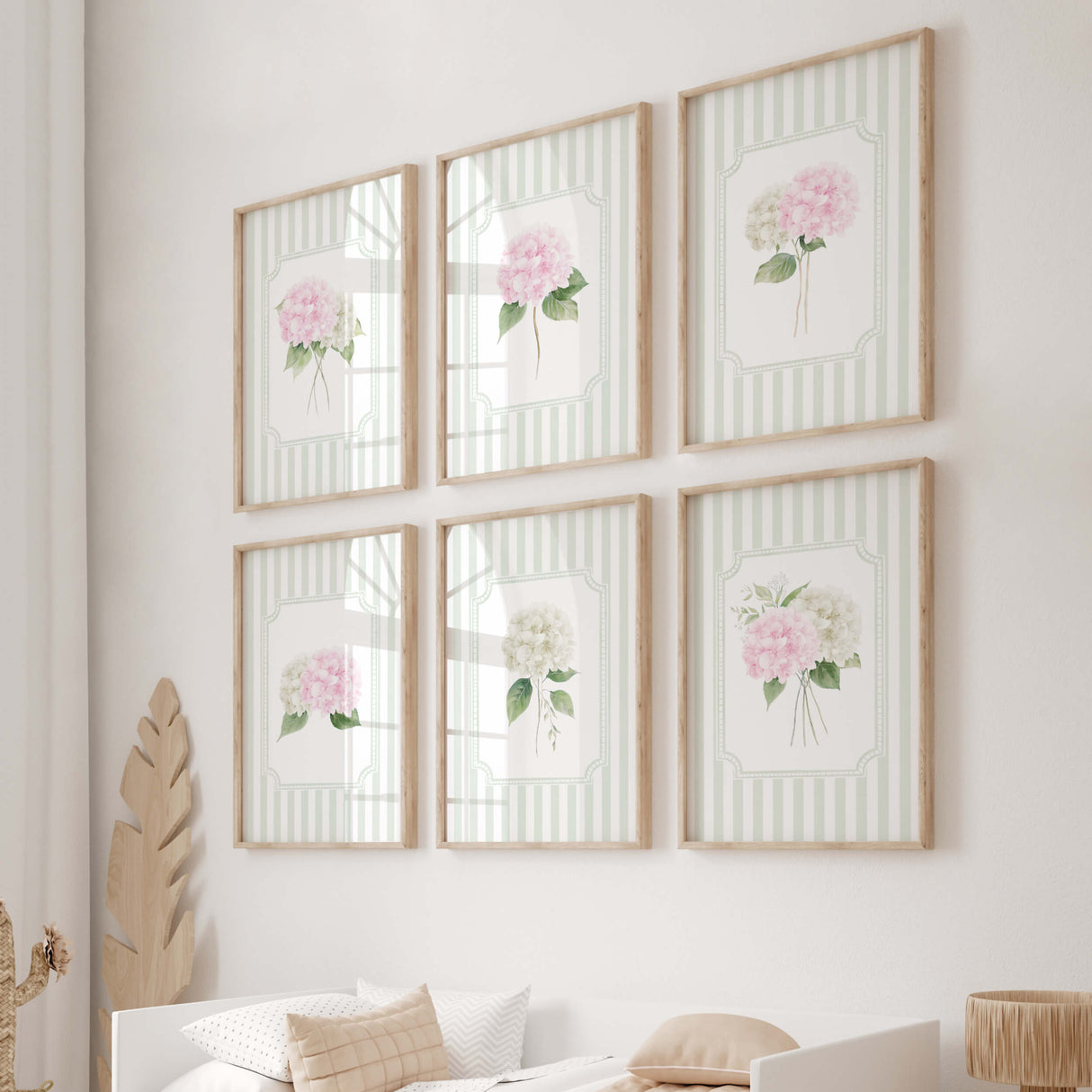 Botanical floral wall art printable hydrangea set of 6 sage stripe frame posters