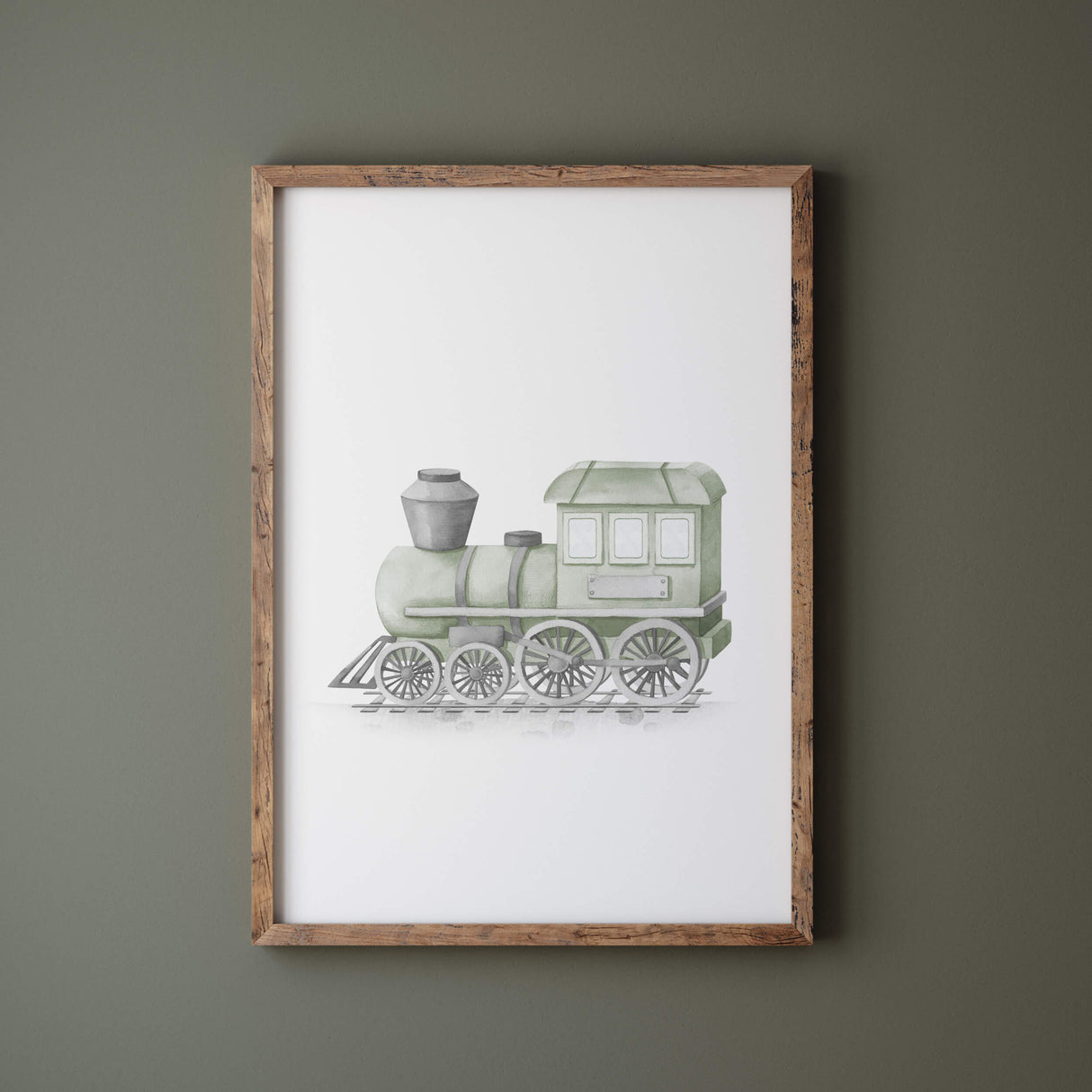 Watercolor train poster for neutral nursery decor,sage green nursery decor.
