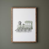 Watercolor train poster for neutral nursery decor,sage green nursery decor.