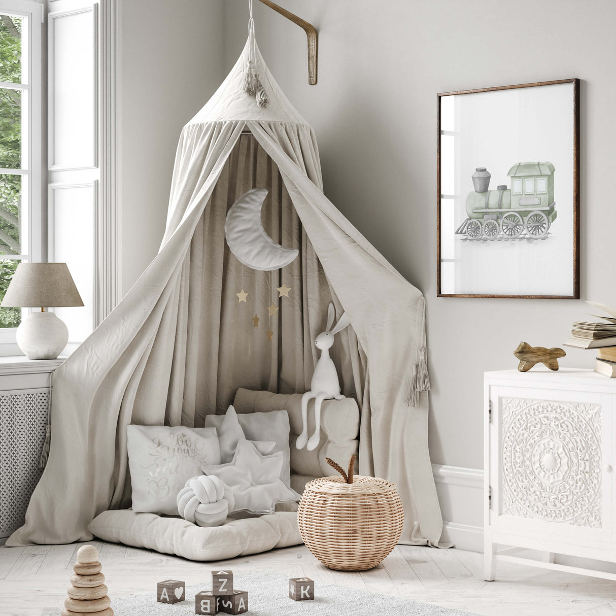 Sage green train printable for elegant white nursery decor and nursery, boys and toddler room decor, sage green nursery decor.