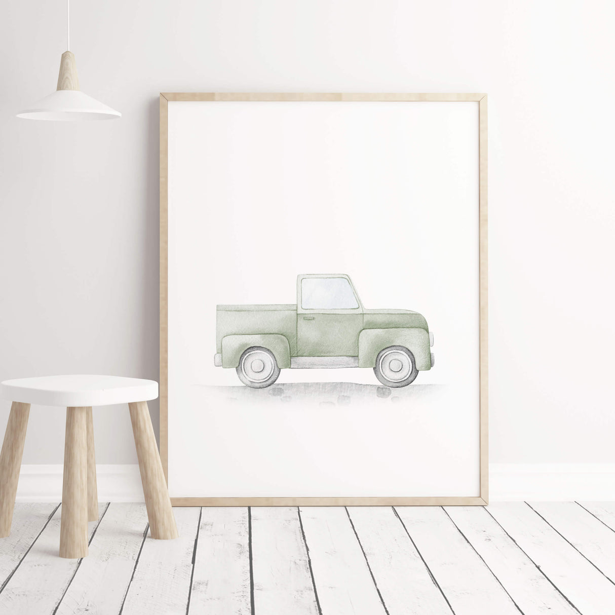 Watercolor sage green transport print with vintage cars, airplane, train, spaceship for toddler room decor and baby boys room decor, sage green nursery decor, sage green kids room decor.