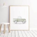 Watercolor sage green transport print with vintage cars, airplane, train, spaceship for toddler room decor and baby boys room decor, sage green nursery decor, sage green kids room decor.