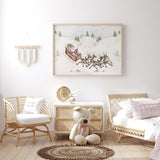 Winter Landscape Nursery Print with Santa's Sleigh with Deer for christmas nursery decor and boho nursery decor.