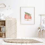 Watercolor Santa's sleigh print for winter nursery decor.