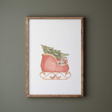 Watercolor Santa's sleigh with christmas tree print for christmas and winter nursery decor.