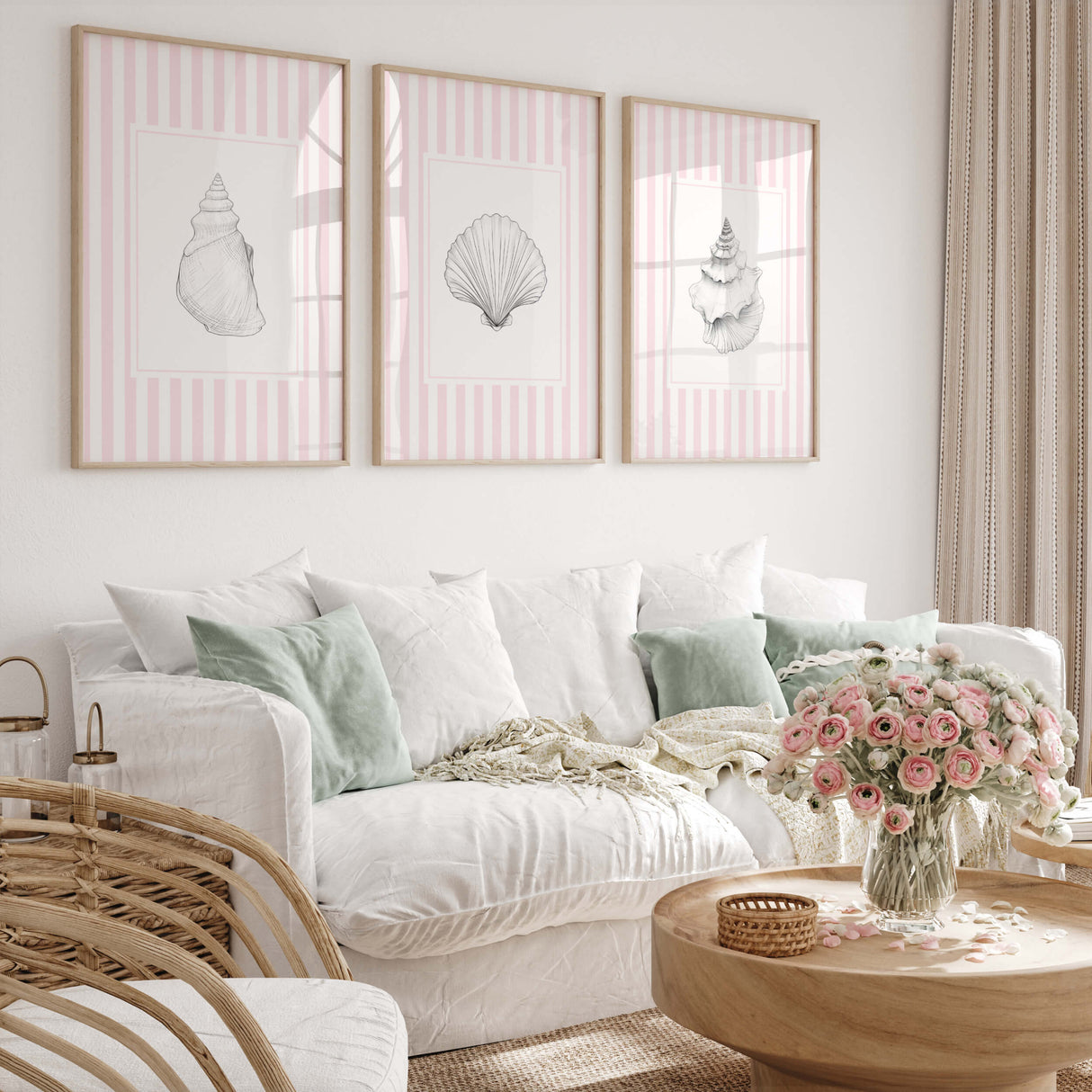 Pink Seashell Wall Art Set of 3 Printable Coastal Beach Prints Digital Download