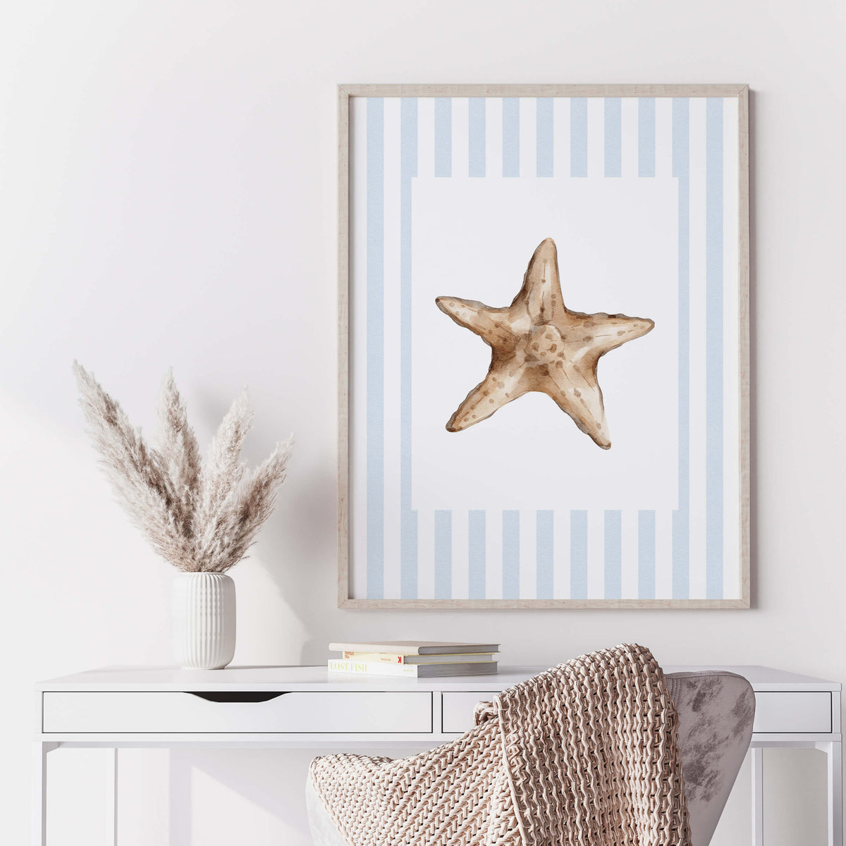 Seashell gallery wall printable set with blue stripes starfish and ocean shell illustrations for beach house wall decor.