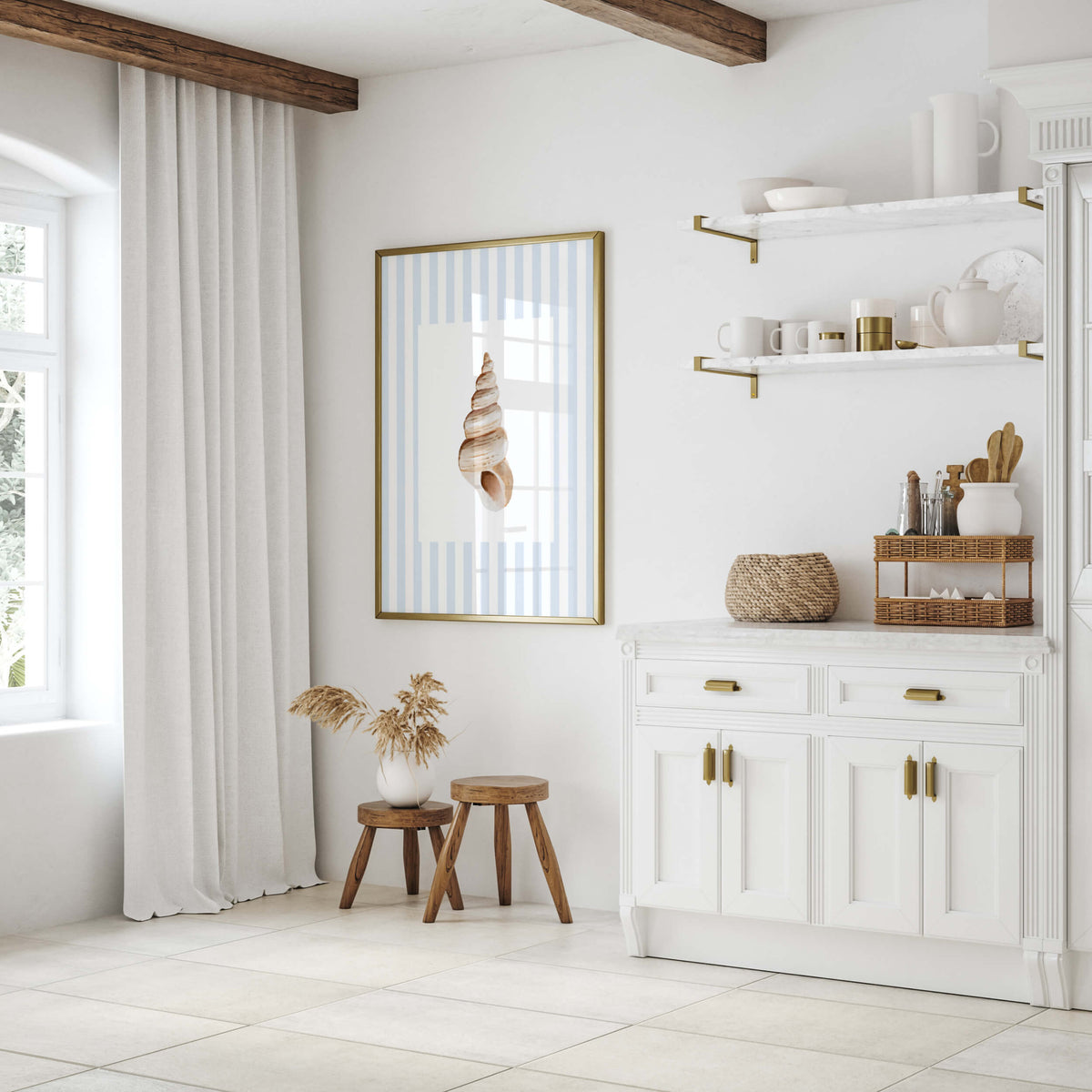 Watercolor seashell prints on pale blue striped backgrounds for coastal bathroom bedroom and summer house decor.