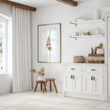 Watercolor seashell prints on pale blue striped backgrounds for coastal bathroom bedroom and summer house decor.