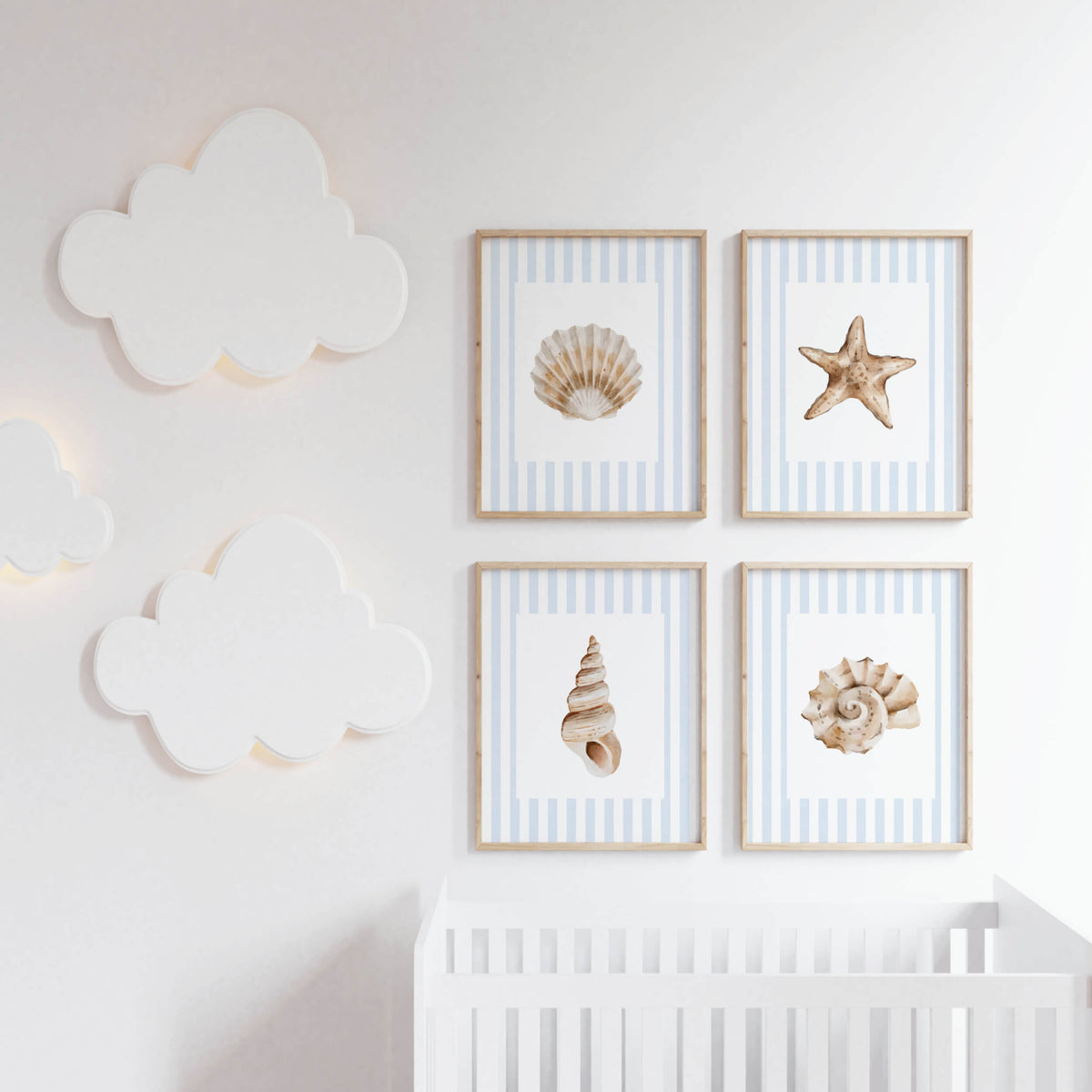 Printable beach wall art set of six with watercolor seashells scallop shells and starfish for nautical coastal home decor.