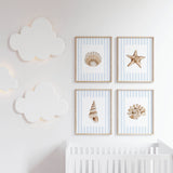 Printable beach wall art set of six with watercolor seashells scallop shells and starfish for nautical coastal home decor.