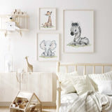 Set of 3 watercolor safari animals with giraffe, elephant, zebra printable for gender neutral nursery ideas and decor.