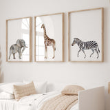 Set of 3 watercolor safari animals with zebra, elephant an giraffe in earth colors print for gender neutral nursery ideas and decor, boys room decor, girls room decor, boho nursrey decor.