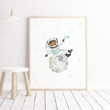 Watercolor astronaut boy with brown skin on the moon printable for boys nursery wall decor.