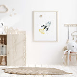 Watercolor spaceship nursery printable with stars for neutral nursery decor.