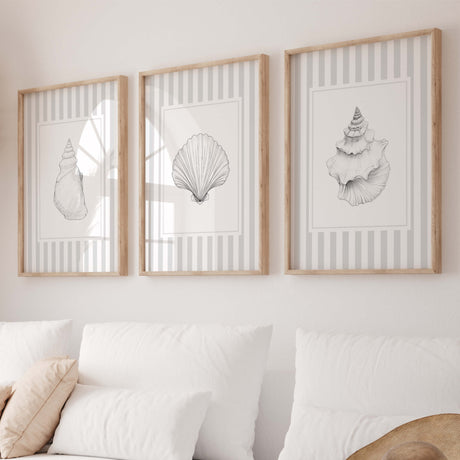 Neutral seashell wall print set of 3 gray striped coastal beach decor