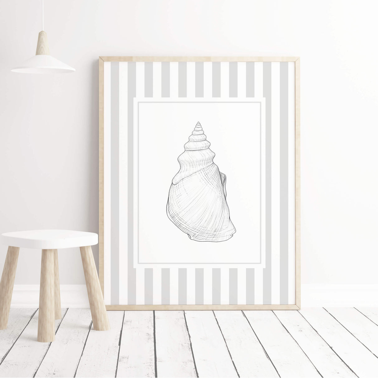 Gray striped seashell wall art printable set of 3 digital download for coastal home