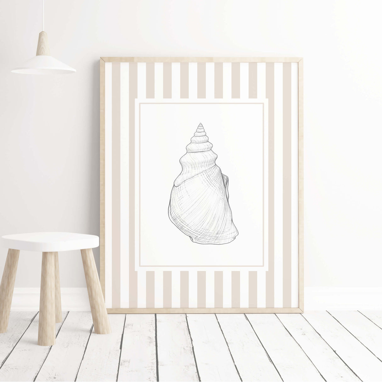 Coastal seashell wall art digital download with neutral beige striped design