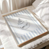 Coastal home decor printable seashell posters in light blue striped frames