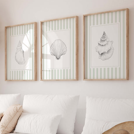 Printable seashell art set in sage green striped background for beach house decor