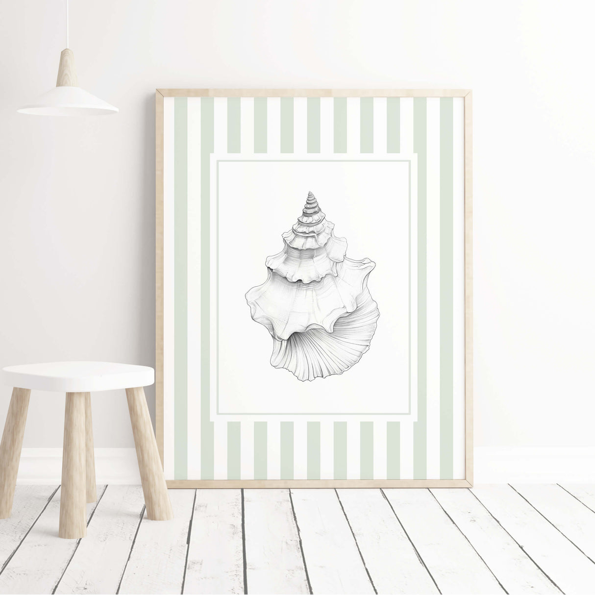 Sage striped shell art print set for nautical cottagecore home styling