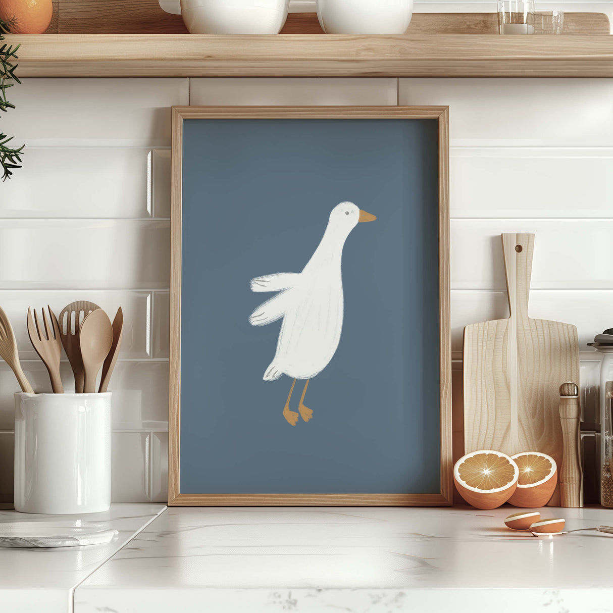Minimalist cartoon goose posters on navy blue background

