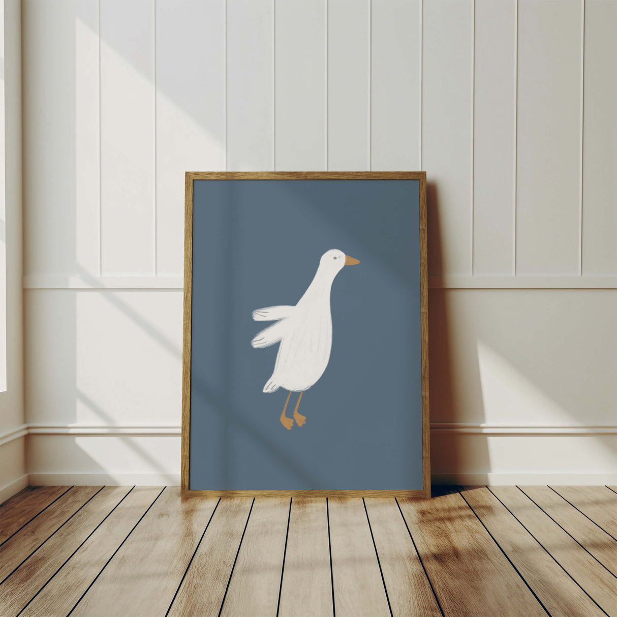 Printable nursery artwork featuring 11 white geese on blue backgrounds


