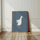 Printable nursery artwork featuring 11 white geese on blue backgrounds

